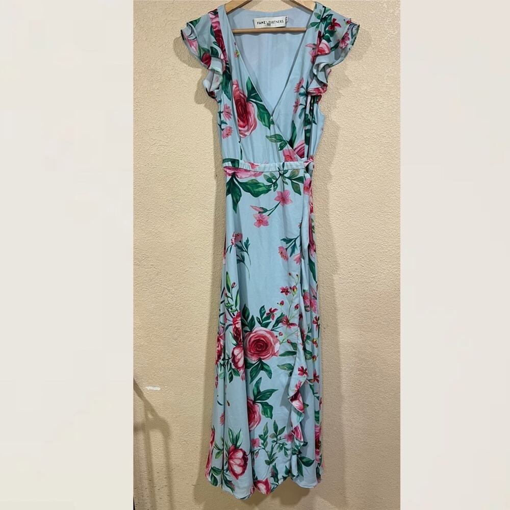 Fame & Partners The Nora Blue Floral Wrap Maxi Dress